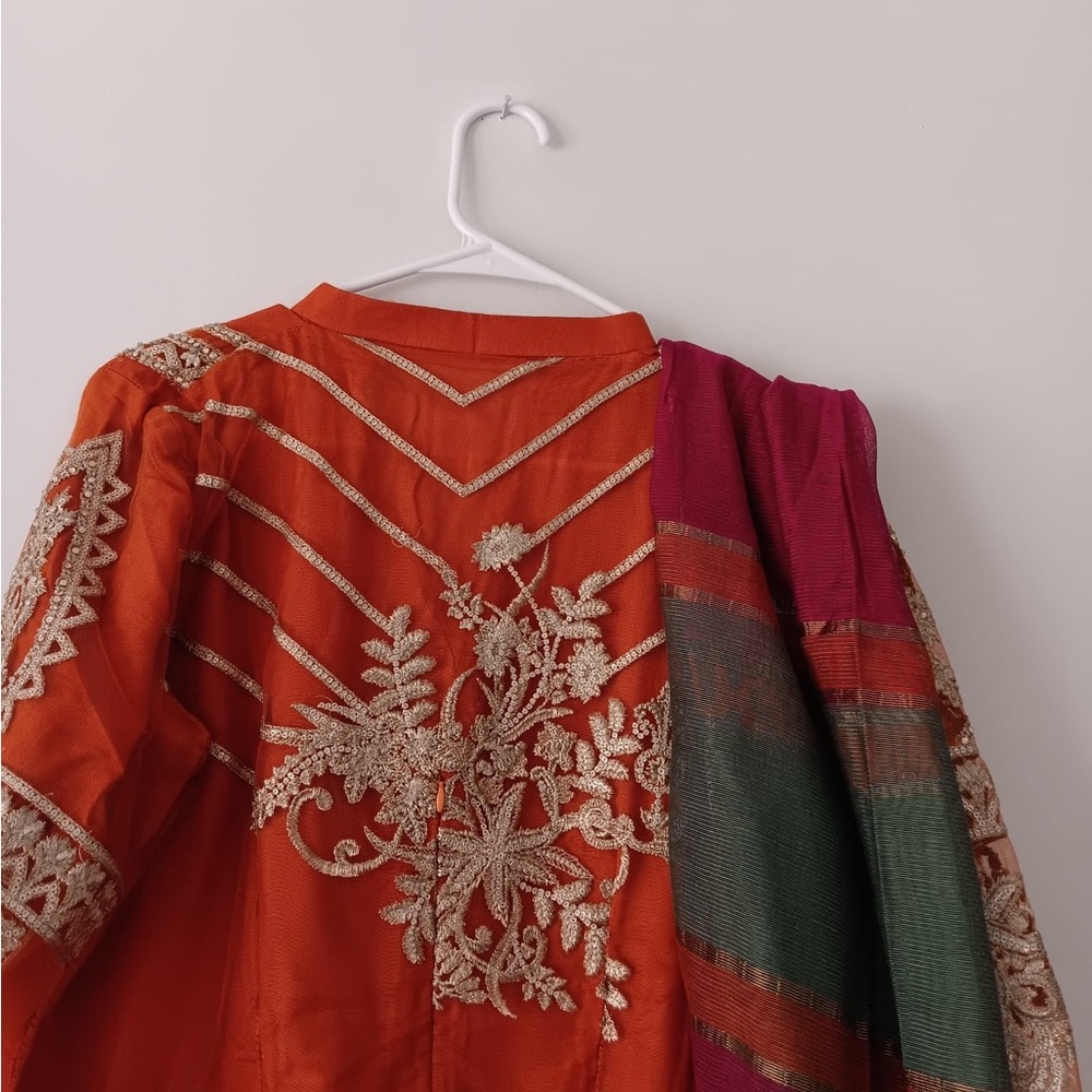 Women’s Orange Embroidered Jacket with Multicolor Dupatta